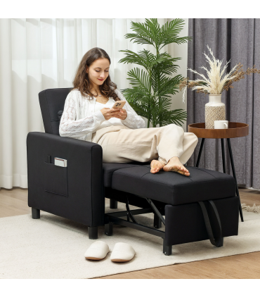 HOMCOM Folding Chair Bed, Sleeper Chair with Pillow, Side Pockets, Black