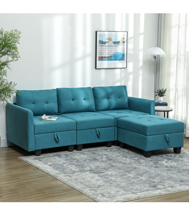 HOMCOM Convertible Modular Sectional Sofa w/ Storage Wood Frame Light Blue