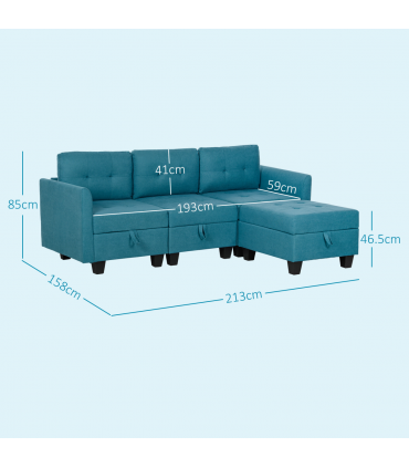 HOMCOM Convertible Modular Sectional Sofa w/ Storage Wood Frame Light Blue