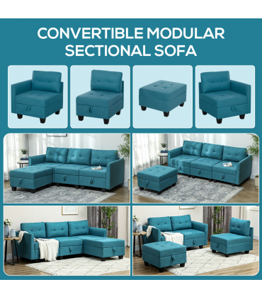 HOMCOM Convertible Modular Sectional Sofa w/ Storage Wood Frame Light Blue
