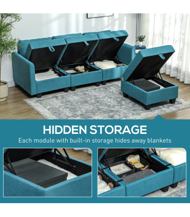 HOMCOM Convertible Modular Sectional Sofa w/ Storage Wood Frame Light Blue