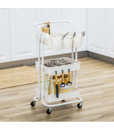 HOMCOM 3-Tier Utility Cart, Rolling Serving Trolley with Baskets and Hooks