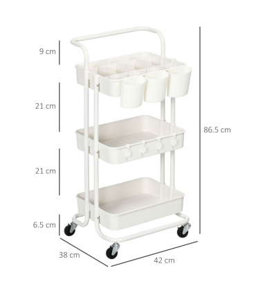 HOMCOM 3-Tier Utility Cart, Rolling Serving Trolley with Baskets and Hooks