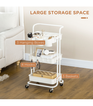 HOMCOM 3-Tier Utility Cart, Rolling Serving Trolley with Baskets and Hooks