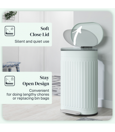 HOMCOM 30L Pedal Bin, Metal Kitchen Bin with Soft-close Lid, Light Green