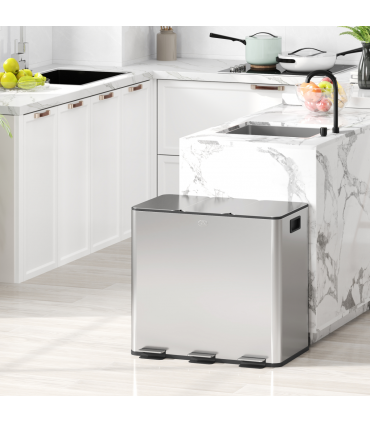 HOMCOM 3 x 15L Triple Kitchen Bin Pedal Bin for Recycling and Waste, Silver