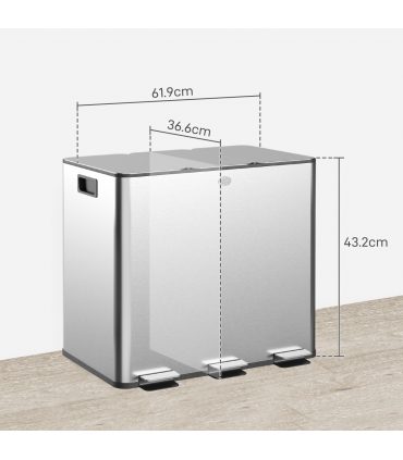 HOMCOM 3 x 15L Triple Kitchen Bin Pedal Bin for Recycling and Waste, Silver