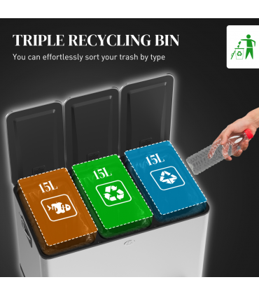 HOMCOM 3 x 15L Triple Kitchen Bin Pedal Bin for Recycling and Waste, Silver