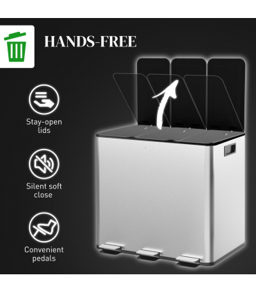 HOMCOM 3 x 15L Triple Kitchen Bin Pedal Bin for Recycling and Waste, Silver