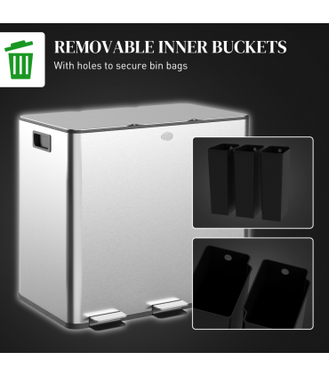 HOMCOM 3 x 15L Triple Kitchen Bin Pedal Bin for Recycling and Waste, Silver