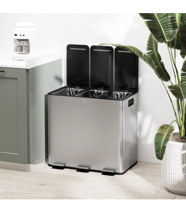 HOMCOM 3 x 15L Triple Kitchen Bin Pedal Bin for Recycling and Waste, Silver