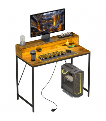 HOMCOM Computer Desk with LED Lights, Study Table with Shelf, Rustic Brown