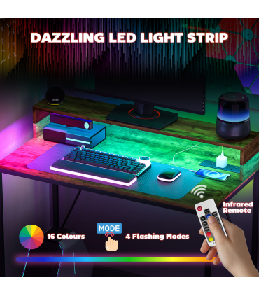 HOMCOM Computer Desk with LED Lights, Study Table with Shelf, Rustic Brown