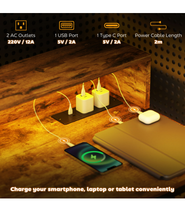 HOMCOM Computer Desk with LED Lights, Study Table with Shelf, Rustic Brown