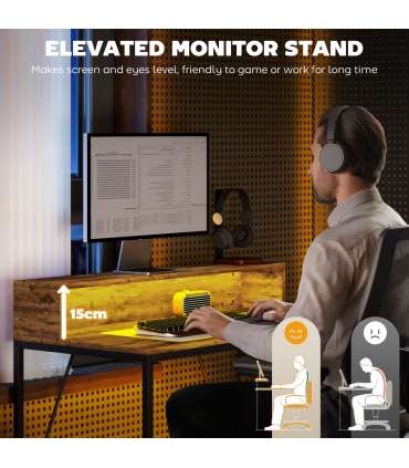 HOMCOM Computer Desk with LED Lights, Study Table with Shelf, Rustic Brown