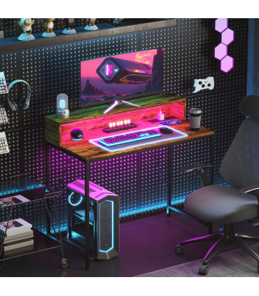 HOMCOM Computer Desk with LED Lights, Study Table with Shelf, Rustic Brown