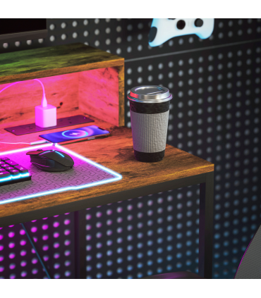 HOMCOM Computer Desk with LED Lights, Study Table with Shelf, Rustic Brown