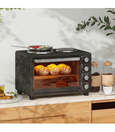 HOMCOM 28L Countertop Toaster Oven with 2 Hot Plates, Grill, Roast, Bake