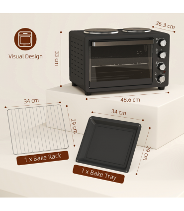 HOMCOM 28L Countertop Toaster Oven with 2 Hot Plates, Grill, Roast, Bake
