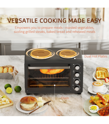 HOMCOM 28L Countertop Toaster Oven with 2 Hot Plates, Grill, Roast, Bake