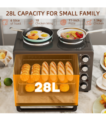 HOMCOM 28L Countertop Toaster Oven with 2 Hot Plates, Grill, Roast, Bake