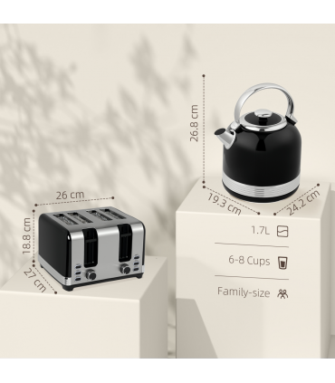 HOMCOM 1.7L 3000W Fast Boil Electric Kettle and 4 Slice Toaster Set, Black