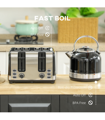 HOMCOM 1.7L 3000W Fast Boil Electric Kettle and 4 Slice Toaster Set, Black