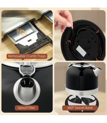 HOMCOM 1.7L 3000W Fast Boil Electric Kettle and 4 Slice Toaster Set, Black