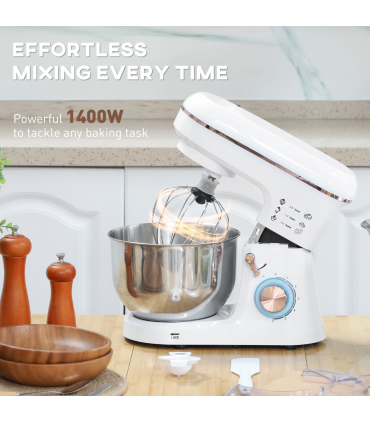 HOMCOM Electric Stand Mixer, 5L Food Mixer with Dough Hook, Whisk, White