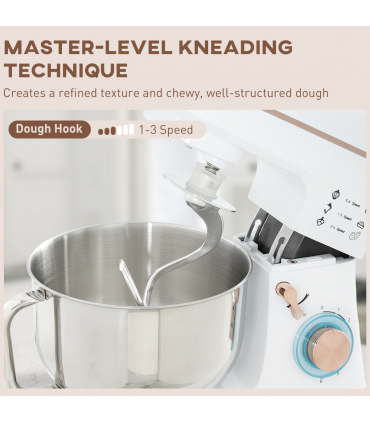 HOMCOM Electric Stand Mixer, 5L Food Mixer with Dough Hook, Whisk, White