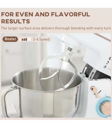 HOMCOM Electric Stand Mixer, 5L Food Mixer with Dough Hook, Whisk, White