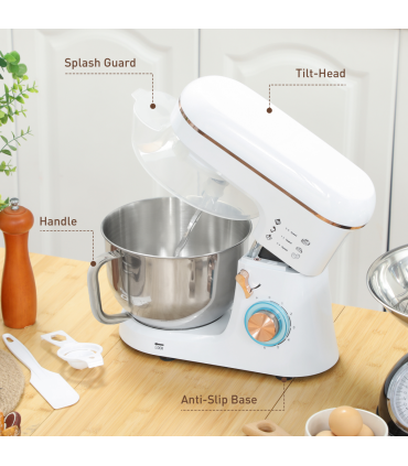 HOMCOM Electric Stand Mixer, 5L Food Mixer with Dough Hook, Whisk, White