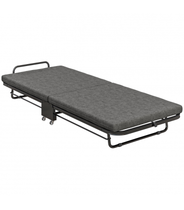 HOMCOM Single Folding Bed with Mattress Foldable Guest Bed on Wheels, Grey