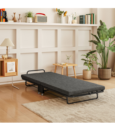 HOMCOM Single Folding Bed with Mattress Foldable Guest Bed on Wheels, Grey