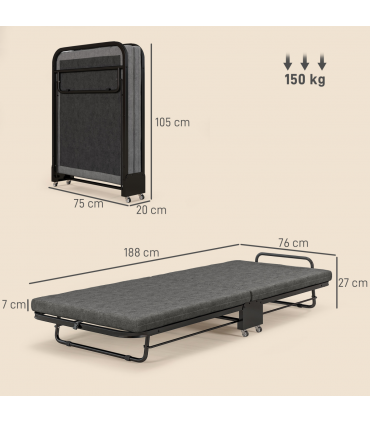 HOMCOM Single Folding Bed with Mattress Foldable Guest Bed on Wheels, Grey