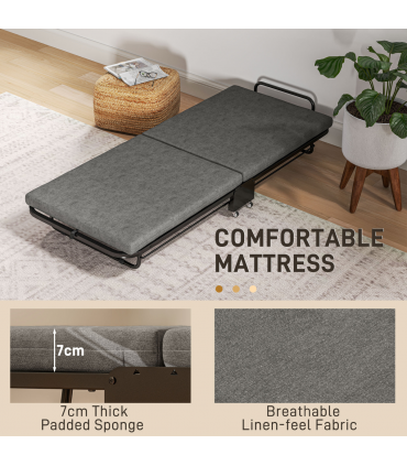 HOMCOM Single Folding Bed with Mattress Foldable Guest Bed on Wheels, Grey