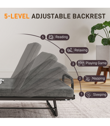 HOMCOM Single Folding Bed with Mattress Foldable Guest Bed on Wheels, Grey