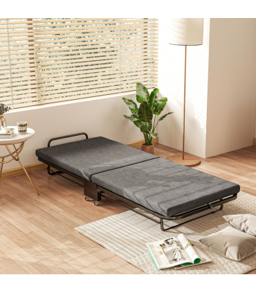 HOMCOM Single Folding Bed with Mattress Foldable Guest Bed on Wheels, Grey