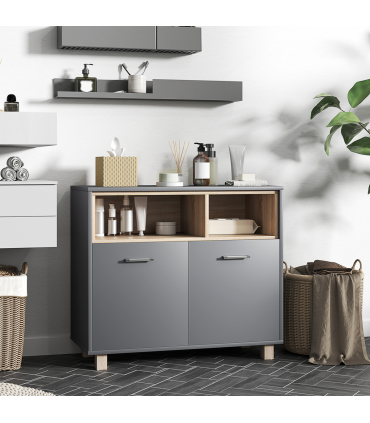 HOMCOM Bathroom Storage Cabinet with Open Compartments and Double Doors