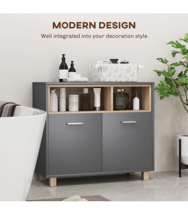 HOMCOM Bathroom Storage Cabinet with Open Compartments and Double Doors