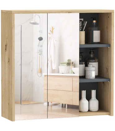 HOMCOM Bathroom Cabinet Wall Mounted Mirror Storage with Shelves Natural