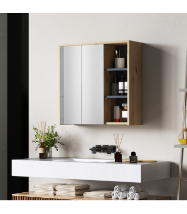 HOMCOM Bathroom Cabinet Wall Mounted Mirror Storage with Shelves Natural
