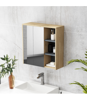 HOMCOM Bathroom Cabinet Wall Mounted Mirror Storage with Shelves Natural