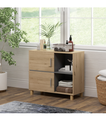 HOMCOM Bathroom Storage Cabinet with Open Compartments and Double Doors