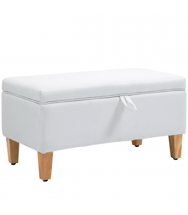 HOMCOM Linen Storage Ottoman Storage Box Footstool with Rubberwood Legs Cream