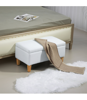 HOMCOM Linen Storage Ottoman Storage Box Footstool with Rubberwood Legs Cream