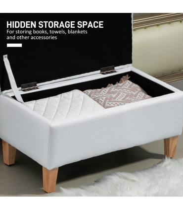 HOMCOM Linen Storage Ottoman Storage Box Footstool with Rubberwood Legs Cream