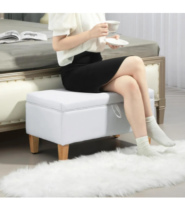HOMCOM Linen Storage Ottoman Storage Box Footstool with Rubberwood Legs Cream