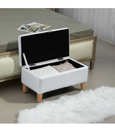 HOMCOM Linen Storage Ottoman Storage Box Footstool with Rubberwood Legs Cream