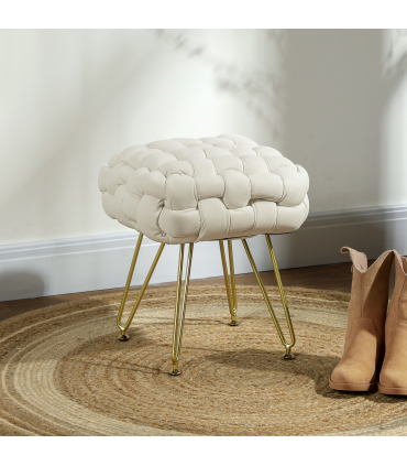HOMCOM Woven Velvet Foot Stool with Steel Legs for Living Room, Cream White